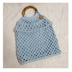 Vintage Crochet Handbag Blue with a Brown Wood Top Handle Faded Glory Y2K Bag
